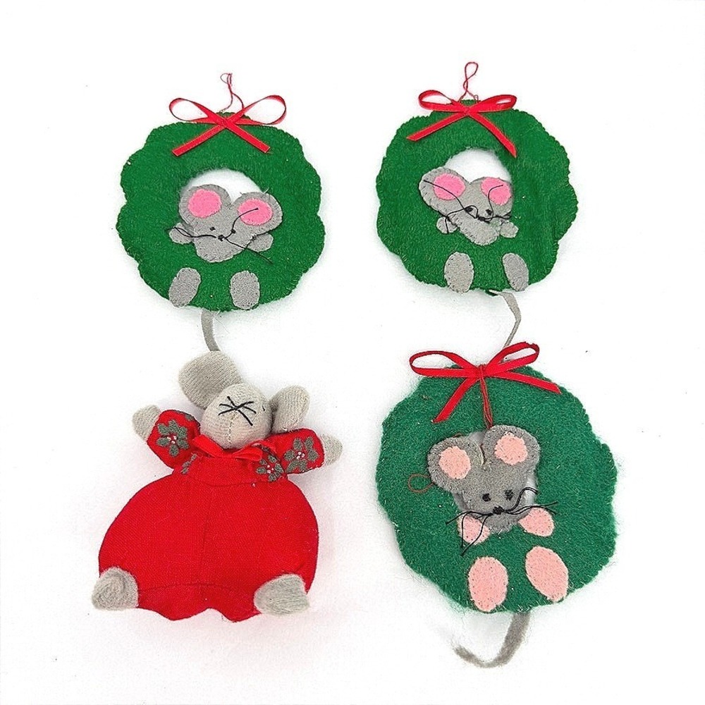 Christmas Mouse Ornament Set Felt Wreaths & Plush Holiday Mouse Decor 4pc